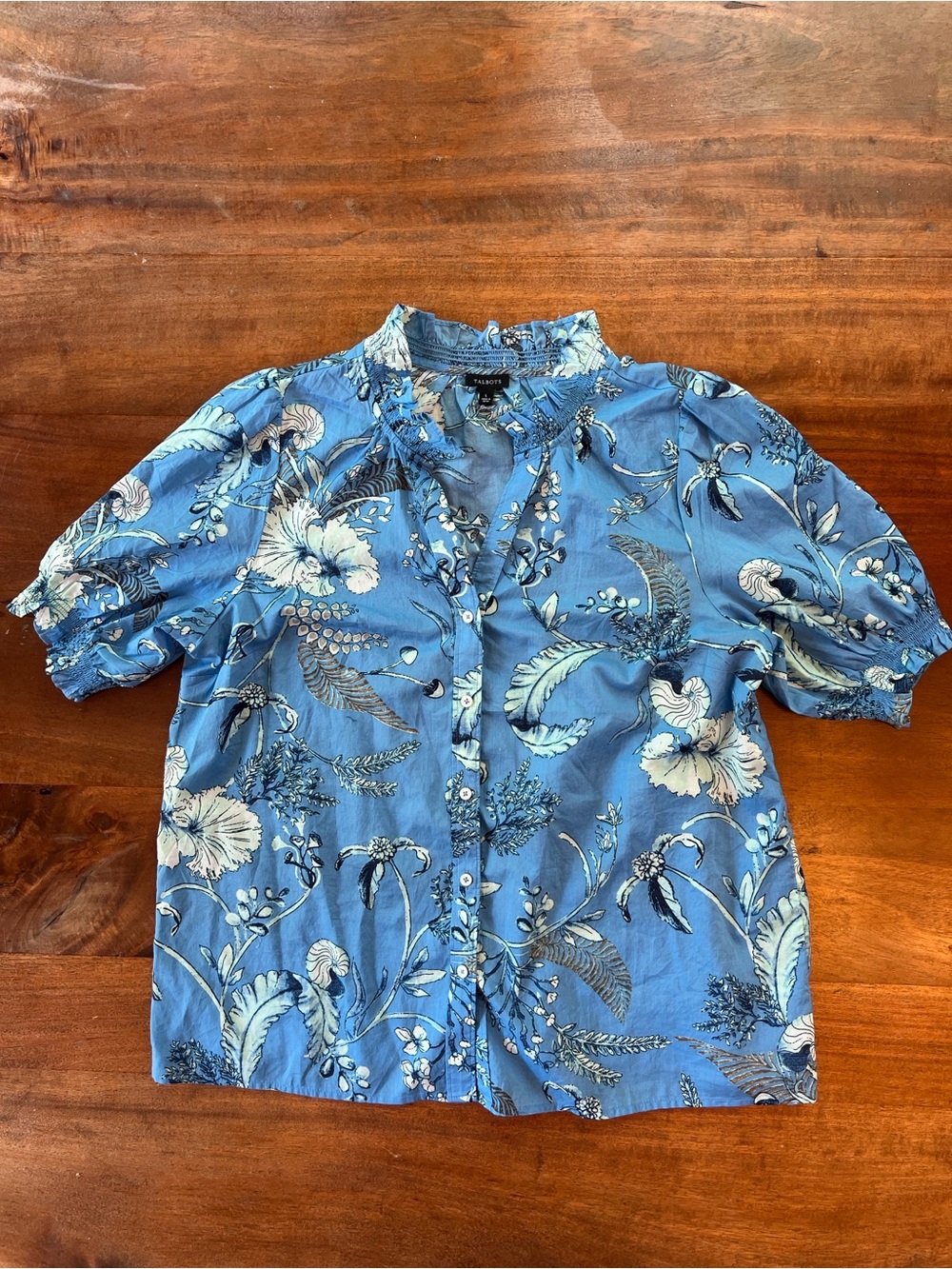 Talbots Women’s Floral Blouse 100% Cotton Button Up Short Sleeves Size L